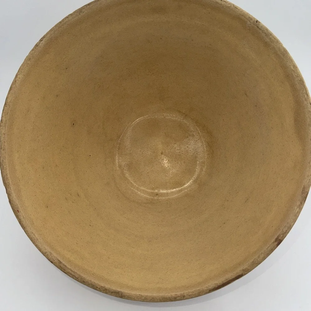 Yellowware Mixing Bowl Brown w/Pink & Blue Bands Crust Rim 9.5